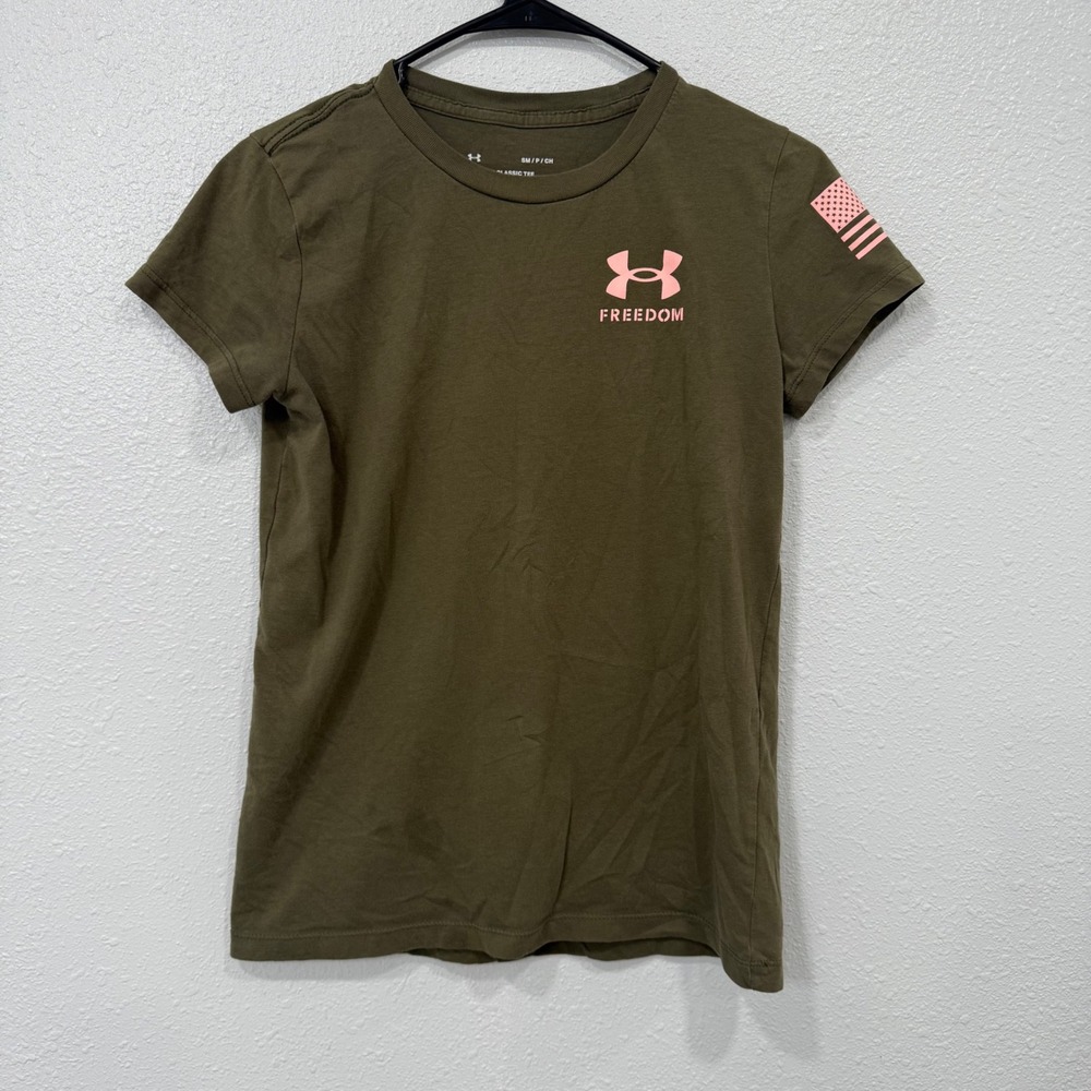 Under Armour Freedom Classic Tee Olive Green Pink Logo American Flag Small